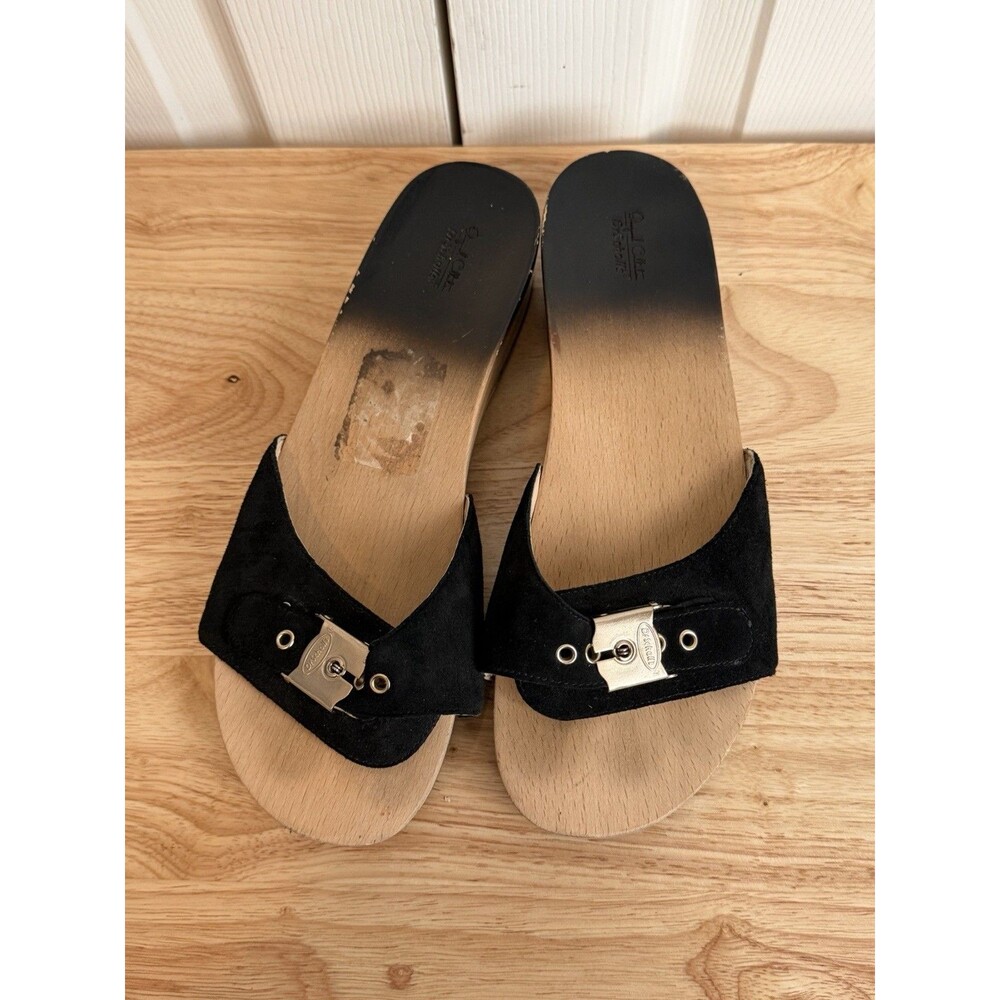Dr. Scholls Size 8 Black Suede Wood Pescura Leather Strap Sandals Original